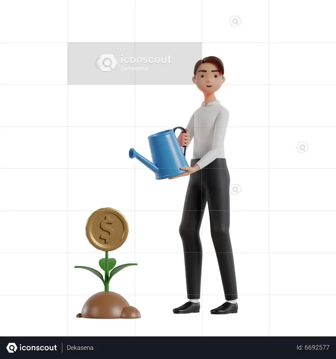Empresario regando planta de dinero para inversión  3D Illustration