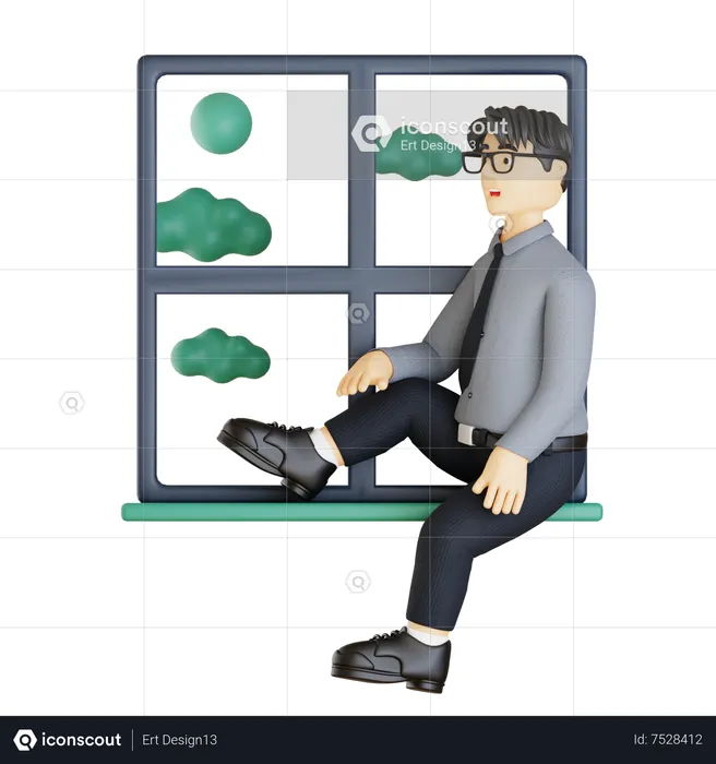 Empresário sentado no parapeito da janela  3D Illustration