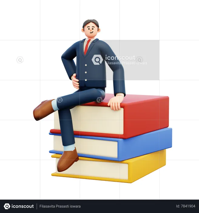 Empresario sentado en libros  3D Illustration