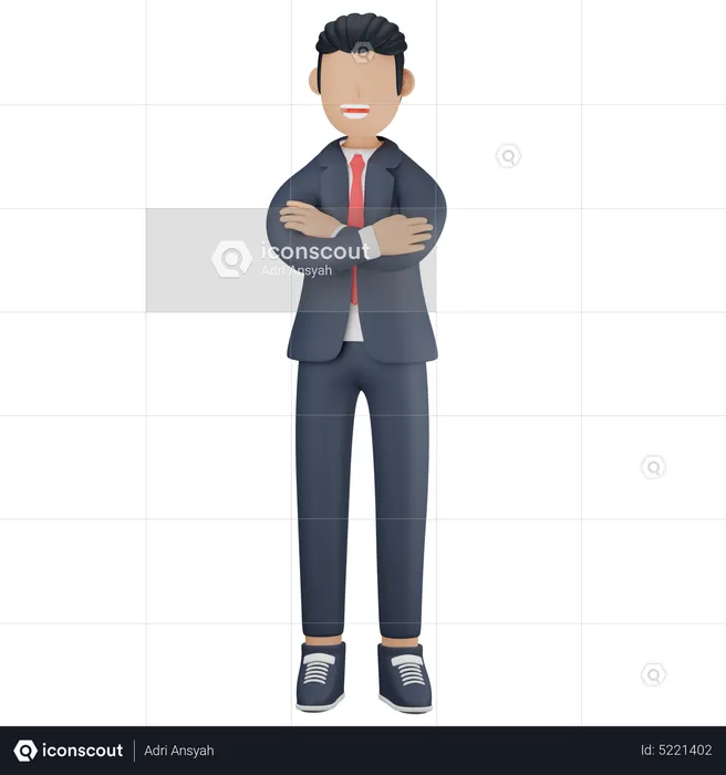 Empresario sonriente de pie con los brazos cruzados  3D Illustration