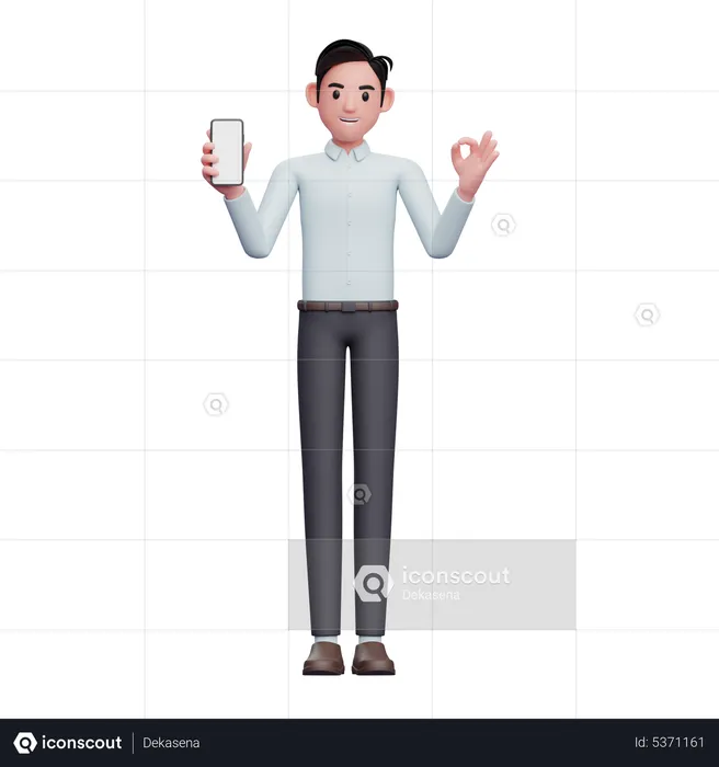 Empresario sosteniendo teléfono inteligente y mostrando el dedo ok  3D Illustration