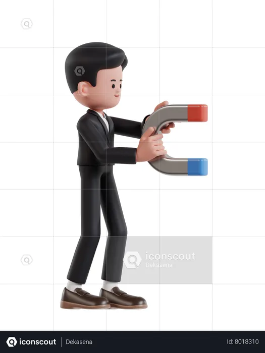 Empresario sosteniendo un imán que atrae ganancias  3D Illustration