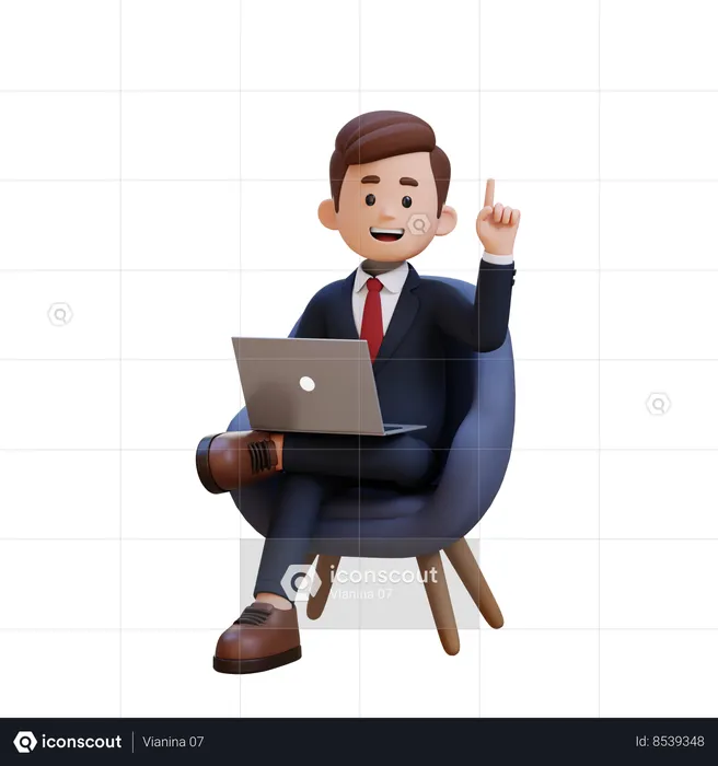 Empresário tendo uma ideia enquanto está sentado no sofá e trabalhando no laptop  3D Illustration