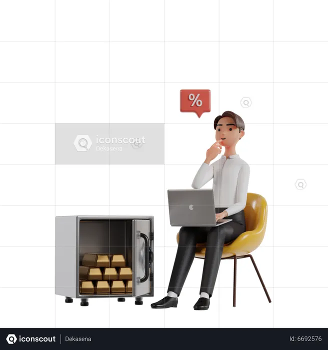 Empresário trabalhando em um laptop enquanto pensa em investir em ouro  3D Icon