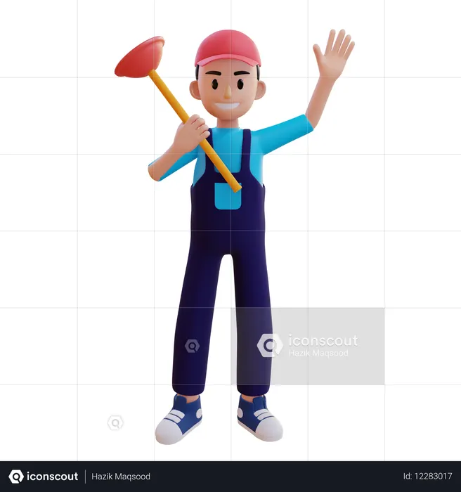 Encanador acenando com a mão e segurando o desentupidor do vaso sanitário  3D Icon