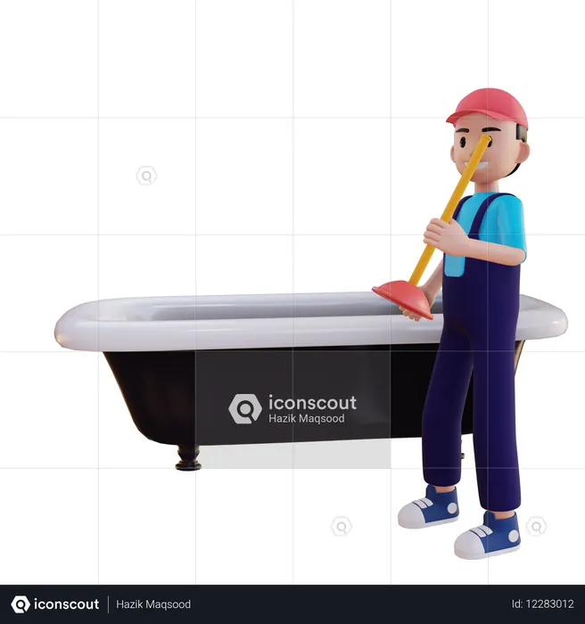 Encanador consertando banheira usando desentupidor de vaso sanitário  3D Icon