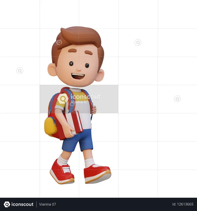 Enfant heureux marchant et allant à l'école tenant un livre  3D Icon