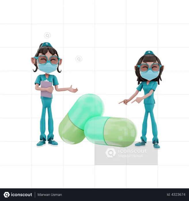 Enfermera señalando pastillas de medicina  3D Illustration