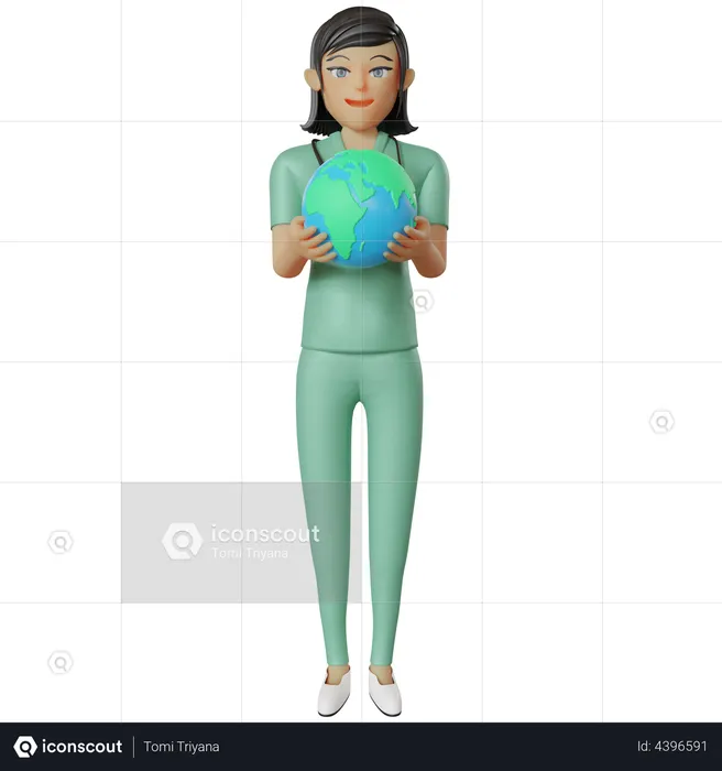Enfermera sosteniendo globo terráqueo  3D Illustration