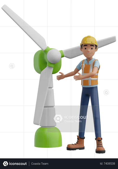 Engineer and Electric Windmill  3D Illustration