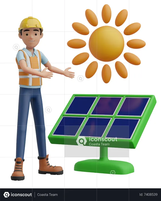 Engineer and Solar Panel  3D Illustration