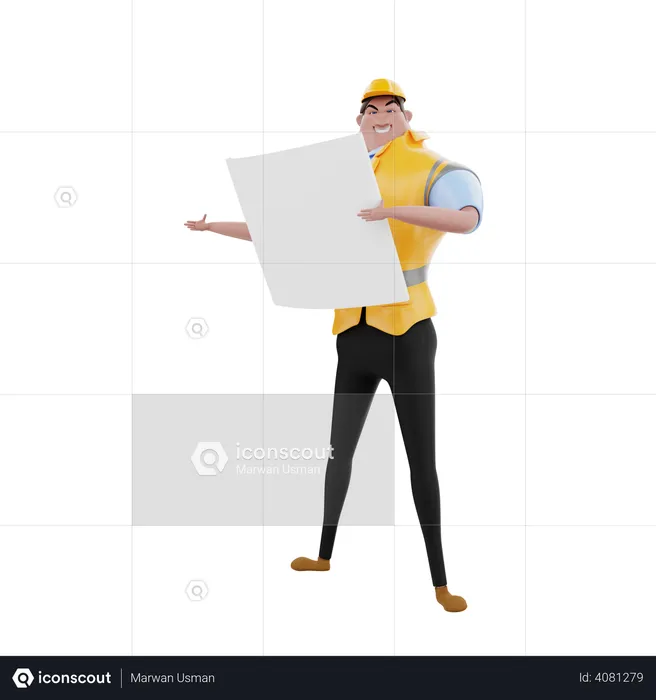 Engineer holding blueprint  3D Illustration