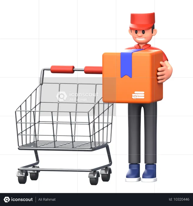 Entregador segurando caixa com carrinho de compras  3D Illustration