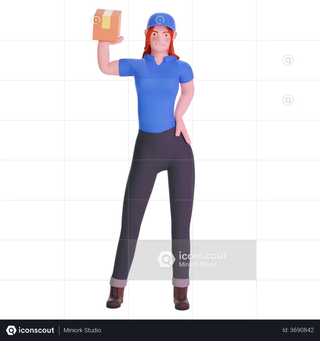 A entregadora saiu de uniforme e segurando um pacote de papelão  3D Illustration