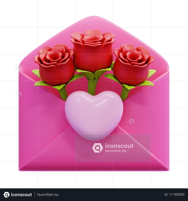 Envelope With Roses And Heart  3D Icon