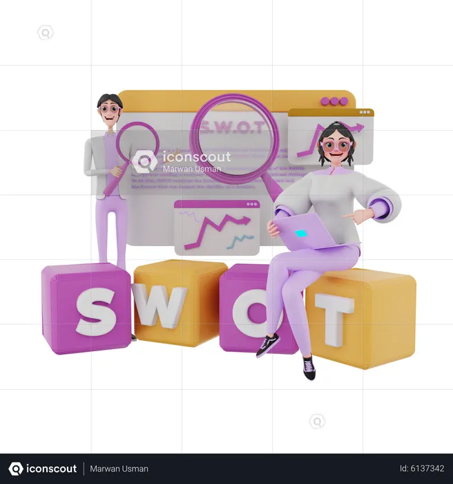 Equipe de marketing fazendo análise swot  3D Illustration