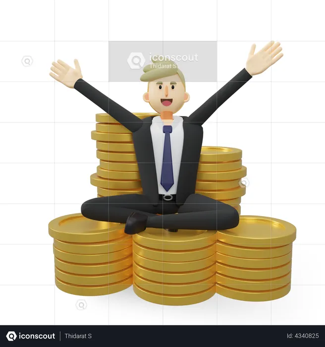 Erfolgreicher Geschäftsmann sitzt auf einem Stapel Goldmünzen  3D Illustration