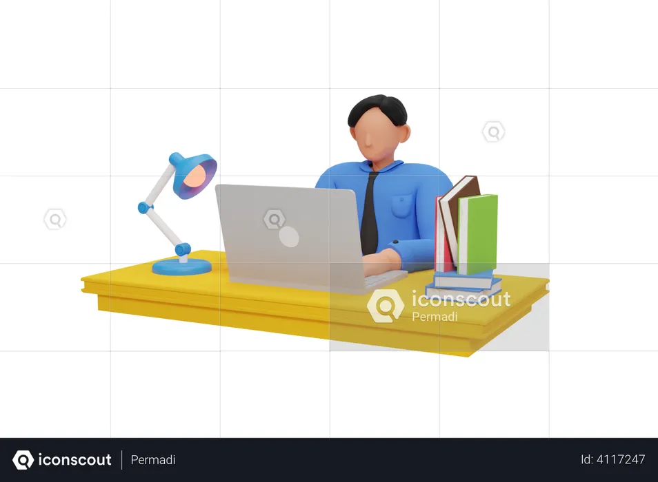 Estudante do sexo masculino estudando no laptop  3D Illustration