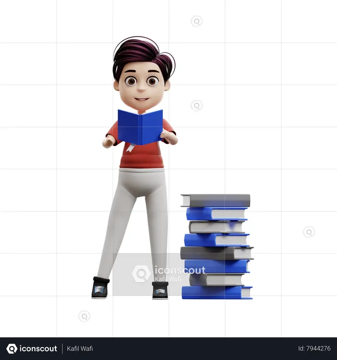 Menino estudante lendo um livro  3D Illustration