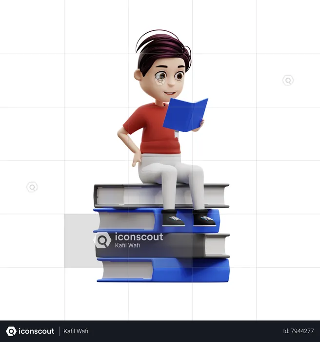 Menino estudante lendo um livro  3D Illustration