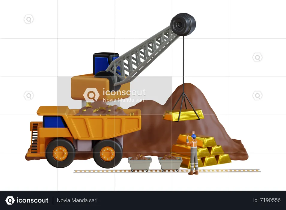 Excavator transporting gold from mine  3D Illustration