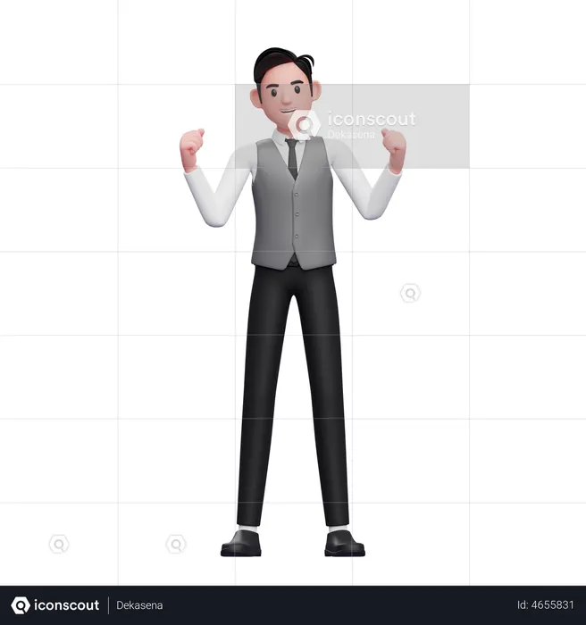 Jeune homme excité faisant un geste gagnant portant un gilet de bureau gris  3D Icon