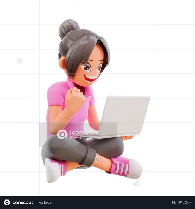 Excited Girl studying at home with e-learning program  3D Illustration