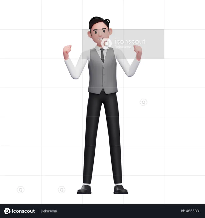 Excited young male doing winning gesture wearing a gray office vest  3D Illustration