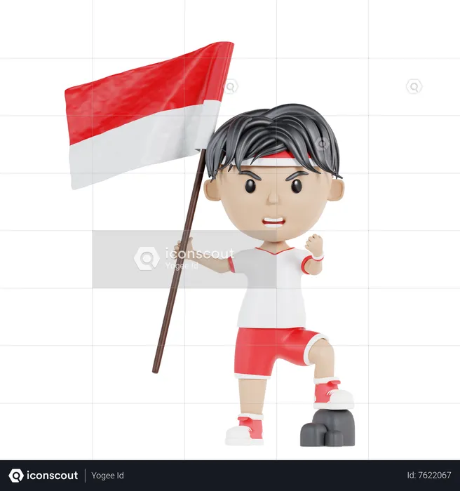 Exited Indonesian man holding indonesian flag  3D Illustration