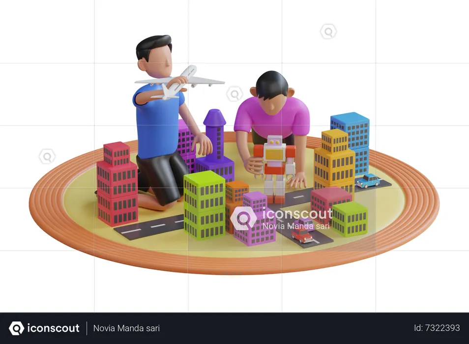 Des enfants fabriquent une ville de jouets  3D Illustration