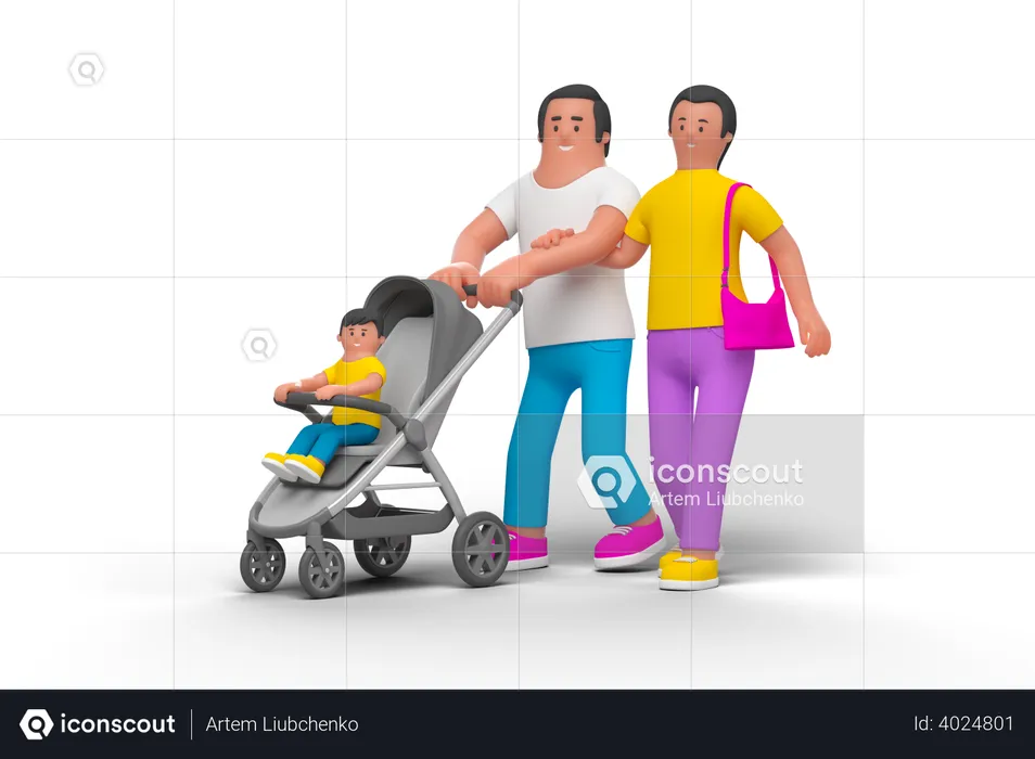 Jovem família com carrinho de bebê  3D Illustration