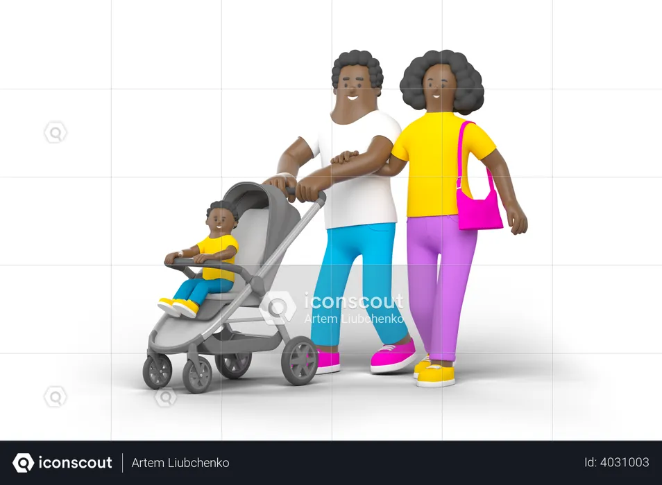 Familia joven con cochecito de bebé  3D Illustration