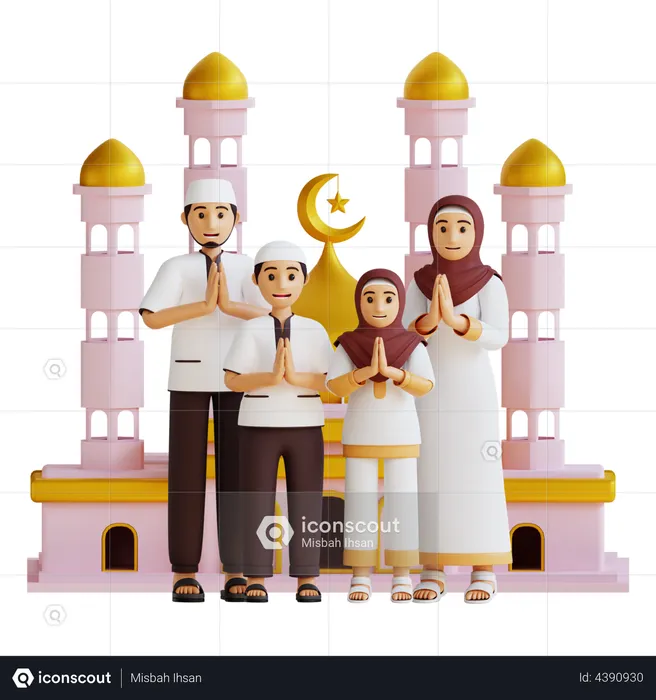 Família muçulmana rezando em uma mesquita  3D Illustration
