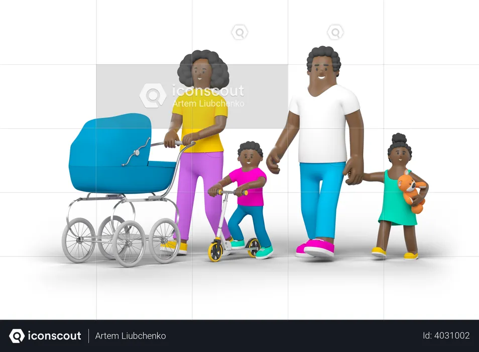 Familie geht zusammen spazieren  3D Illustration