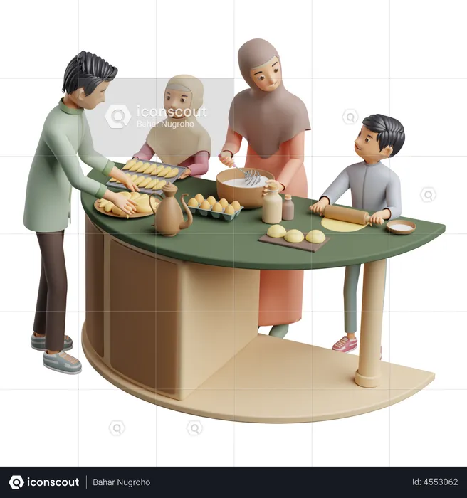 Famille musulmane préparant un gâteau à la maison  3D Illustration