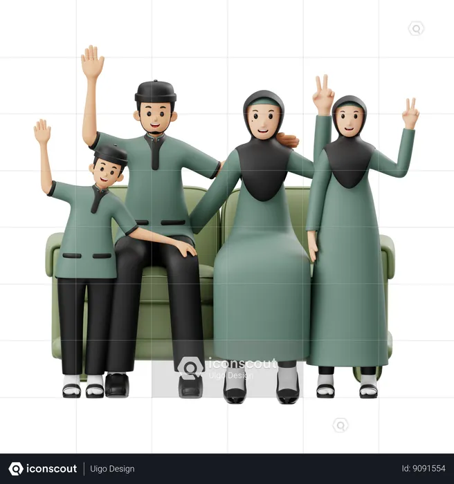 Une famille musulmane prend des photos de famille à l'occasion de l'Aïd Al Fitr  3D Illustration