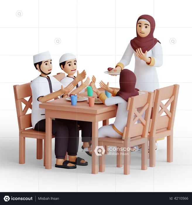 Famille musulmane priant avant d'avoir l'iftar  3D Illustration