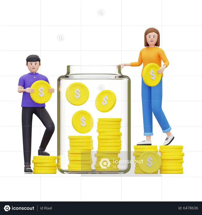 Family Saving Money Into Jar  3D Illustration