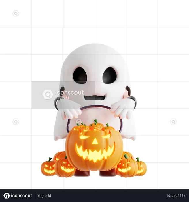 Fantasma de Halloween com cesta de abóbora  3D Illustration