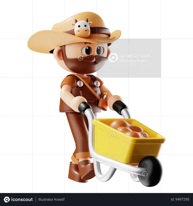 Farmer Carrying Soil With Wheelbarrow  3D Icon