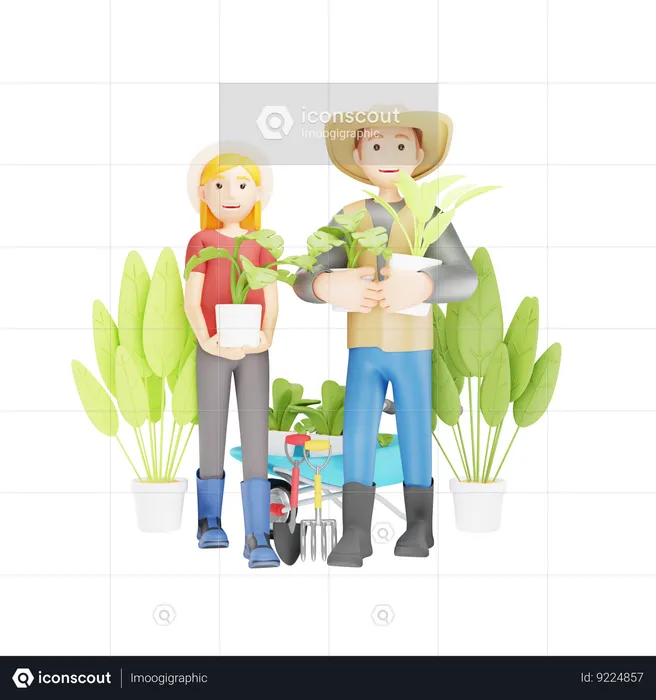 Farmer Couple Holding Plant Pots  3D Illustration