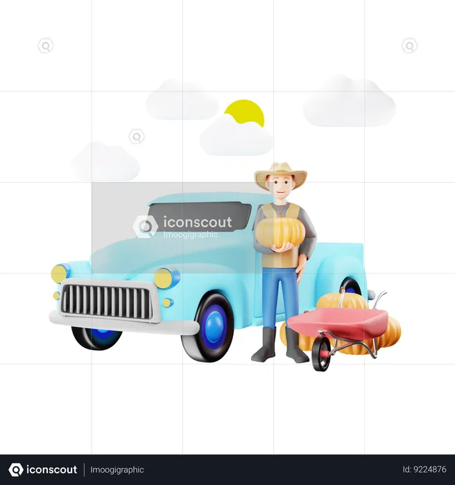 Farmer Delivering Goods Using Pickup Truck  3D Illustration