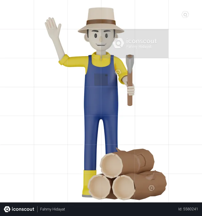 Farmer Holding Axe  3D Illustration