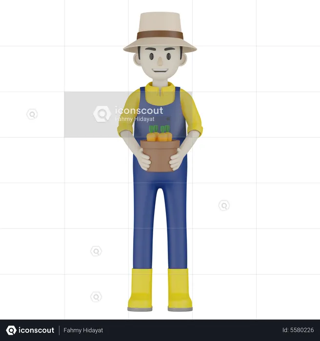 Farmer Holding Carrot Pot  3D Illustration