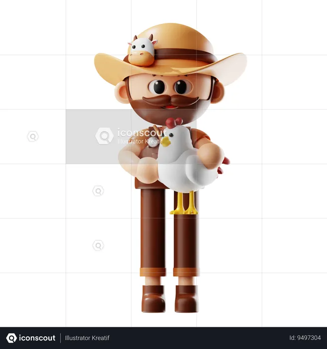 Farmer Holding Chicken  3D Illustration