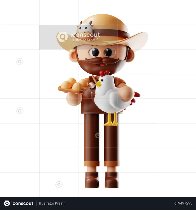 Farmer Holding Chicken And A Basket Of Eggs  3D Illustration