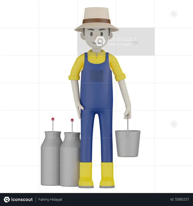 Farmer Holding Milk Bucket  3D Illustration