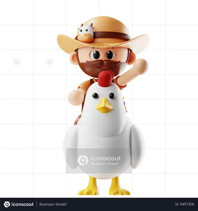 Farmer Ride A Chicken  3D Illustration