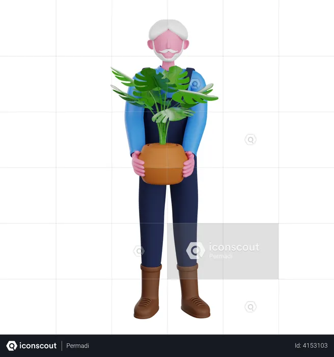 Farmer standing with house plant  3D Illustration