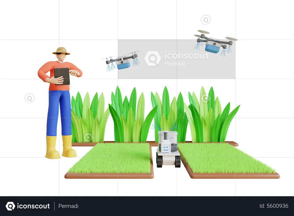 Farmer using automated watering  3D Illustration